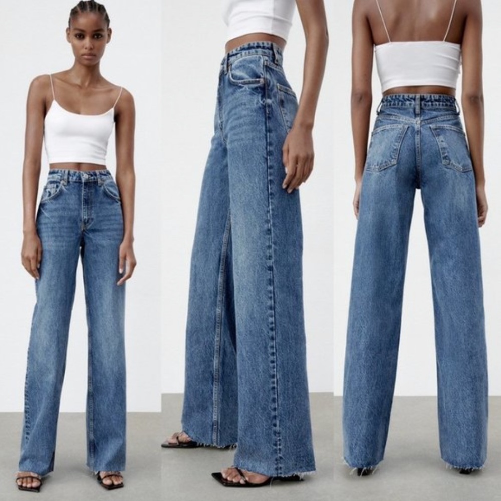 woman’s ZARA medium wash high waisted wide leg jeans size 2 with distressed hem